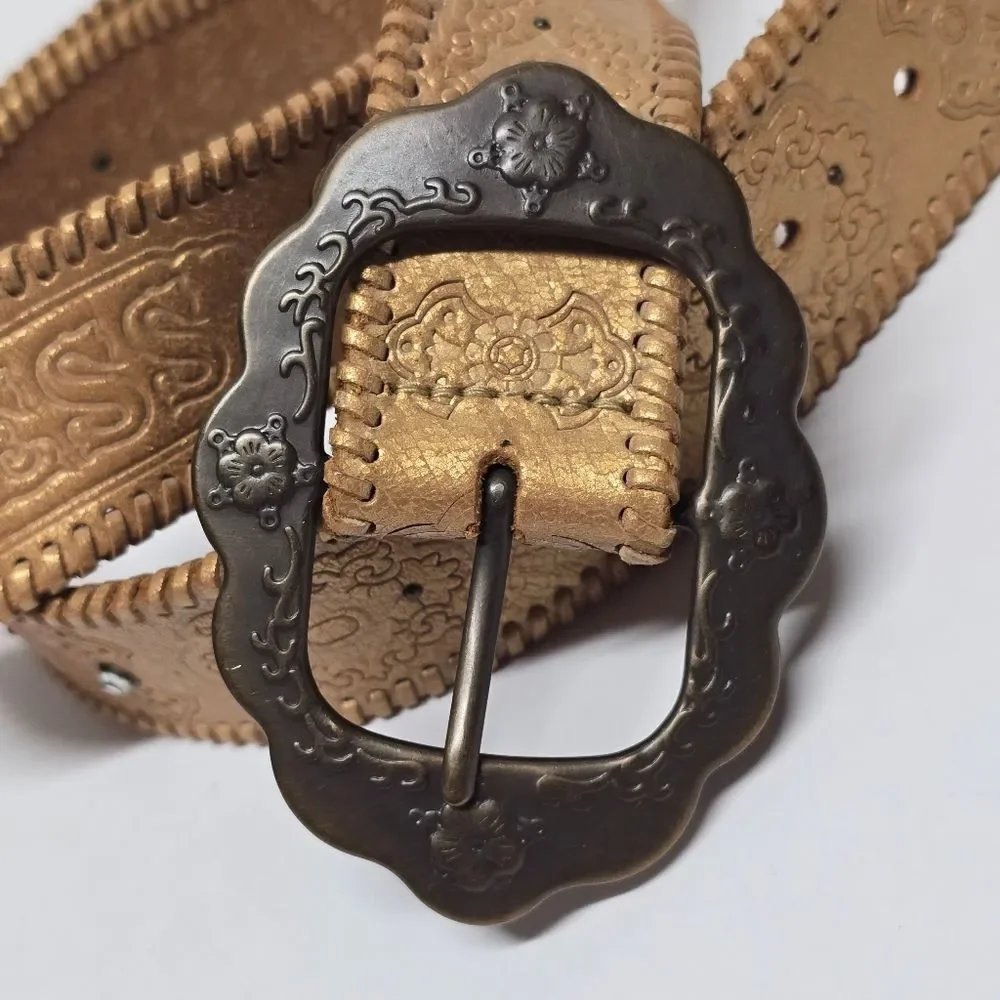 Fossil Gold Leather Princess Embossed Studded Rhinestone Embellished Belt Size L